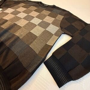 Bullock & Jones Italy Lightweight Virgin Wool‎ BLK BRN Checker Sweater Mens LG